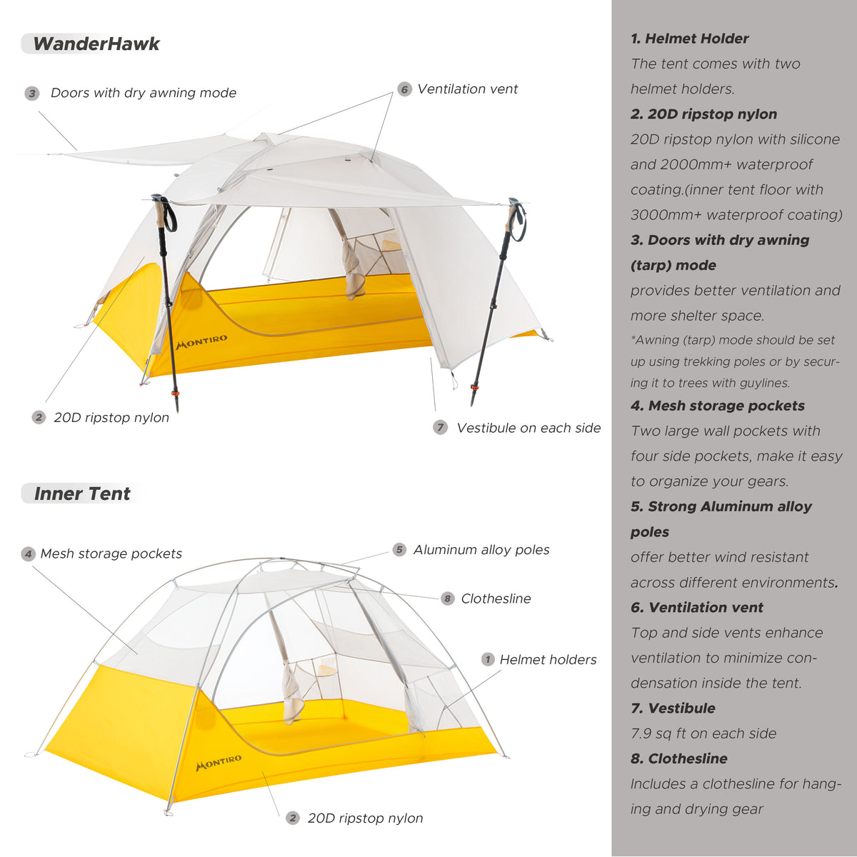 Wander Hawk 2-Person Bikepacking Tent (Grey-Yellow)