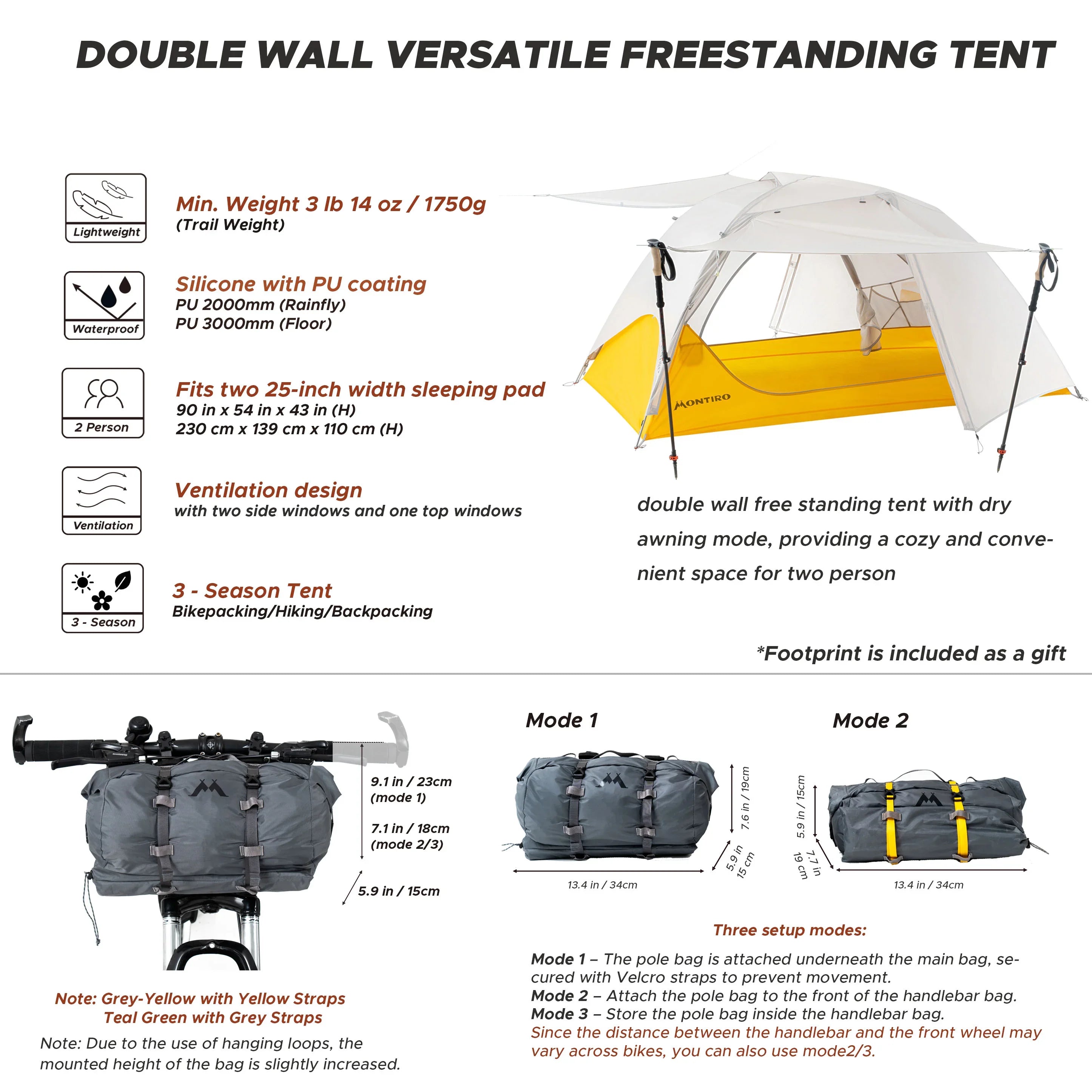 chinook 2 tent Wander Hawk 2-Person Bikepacking Tent (Grey-Yellow) – Montiro