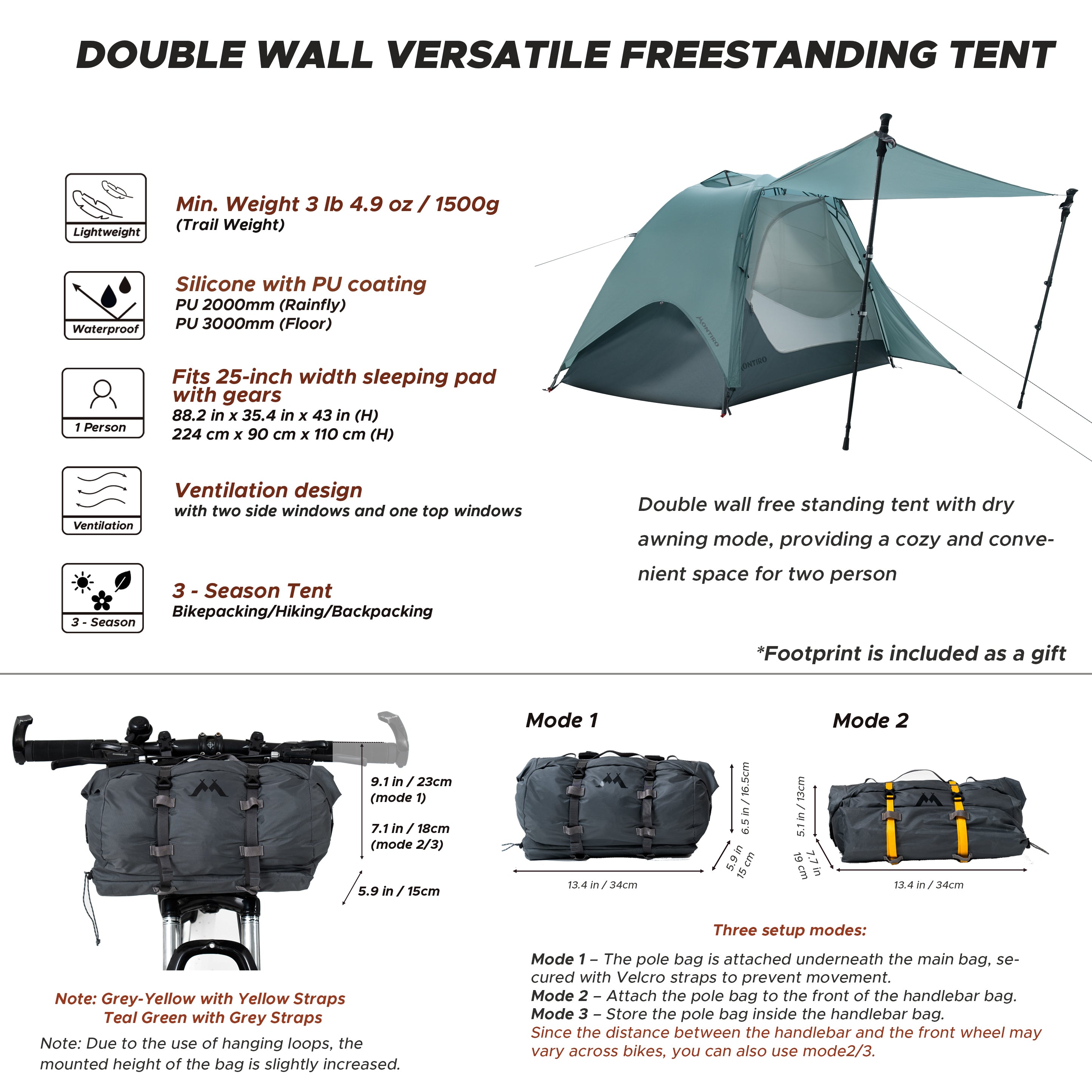 Wander Hawk 1-Person Bikepacking Tent (Teal Green)